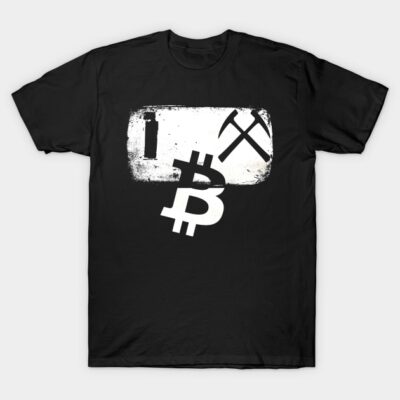 Black Bitcoin-themed t-shirt with mining graphic, casual style, soft cotton material, perfect for cryptocurrency enthusiasts.