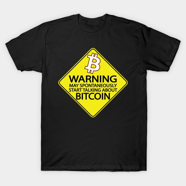 Black t-shirt with yellow Bitcoin warning sign, humorous design, casual wear, cotton material, unisex style.