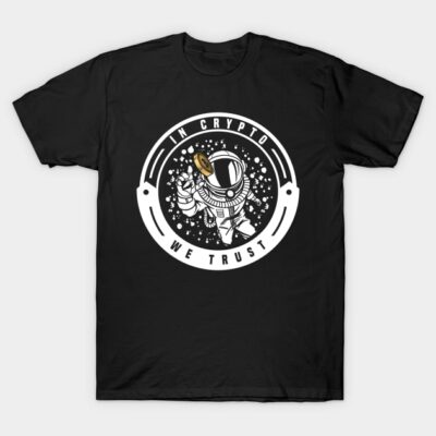 Black t-shirt with astronaut crypto design, "In Crypto We Trust," ideal for casual wear and crypto enthusiasts.
