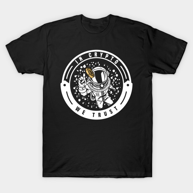 Black t-shirt with astronaut crypto design, "In Crypto We Trust," ideal for casual wear and crypto enthusiasts.