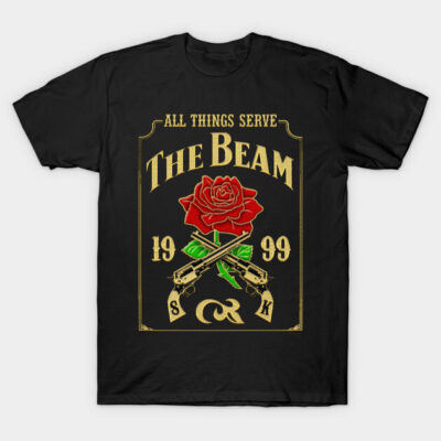 Black graphic t-shirt featuring red rose, crossed guns, and "The Beam" text, ideal for casual wear.