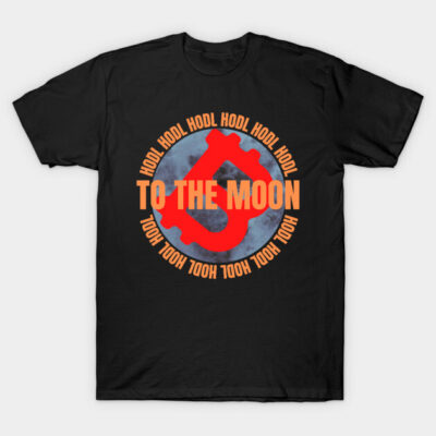 Black T-shirt with red Bitcoin logo and "To the Moon" text, casual wear, cotton material, crypto-themed design.