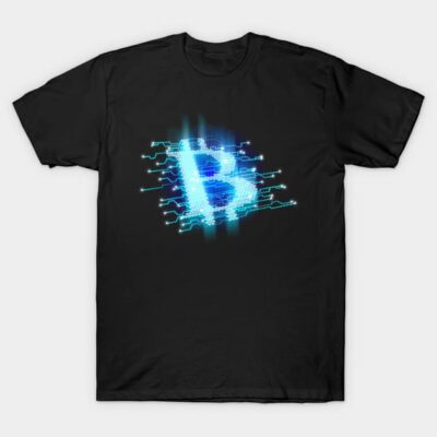 Black unisex t-shirt with blue neon digital "B" design, casual wear, 100% cotton, comfortable fit.