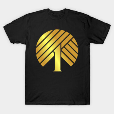 Black t-shirt with gold geometric number one design, casual style, ideal for everyday wear.