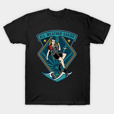 Black t-shirt with "All Weather Savior" graphic, featuring a cartoon character, ideal for casual wear.