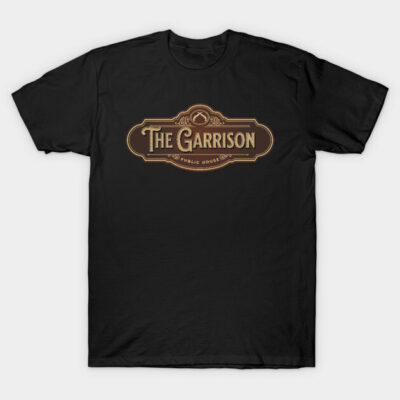 Black T-shirt with vintage "The Garrison" pub logo in brown and gold, casual wear, cotton material.