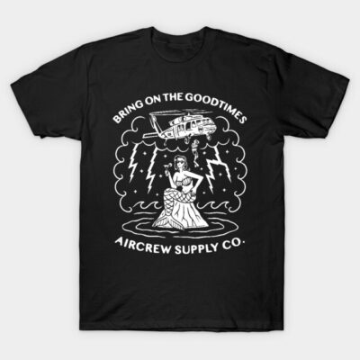 Black graphic t-shirt featuring "Bring On The Good Times" design with helicopter and vintage style illustration.