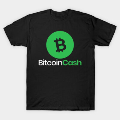 Black Bitcoin Cash logo t-shirt, green and white print, cotton material, casual wear for cryptocurrency enthusiasts.