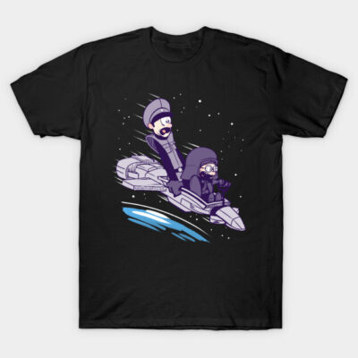 Black t-shirt with cartoon space-themed design featuring two characters on a futuristic ship, ideal for casual wear.