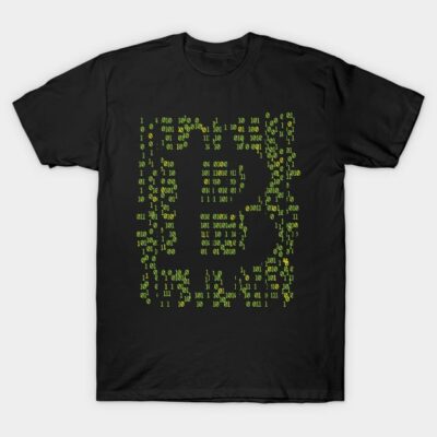 Black cotton t-shirt with green binary code design, casual style, perfect for tech enthusiasts and everyday wear.