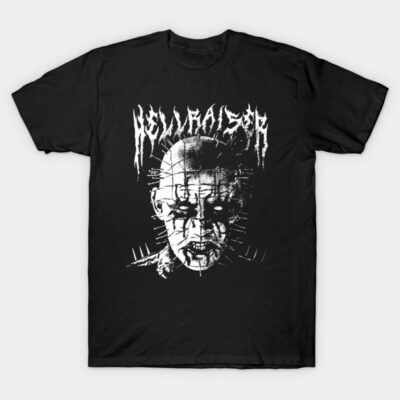 Black graphic t-shirt featuring bold horror-themed design with "Hellraiser" text, ideal for casual wear.