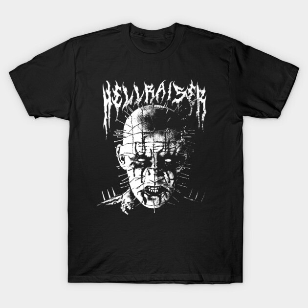 Black graphic t-shirt featuring bold horror-themed design with "Hellraiser" text, ideal for casual wear.