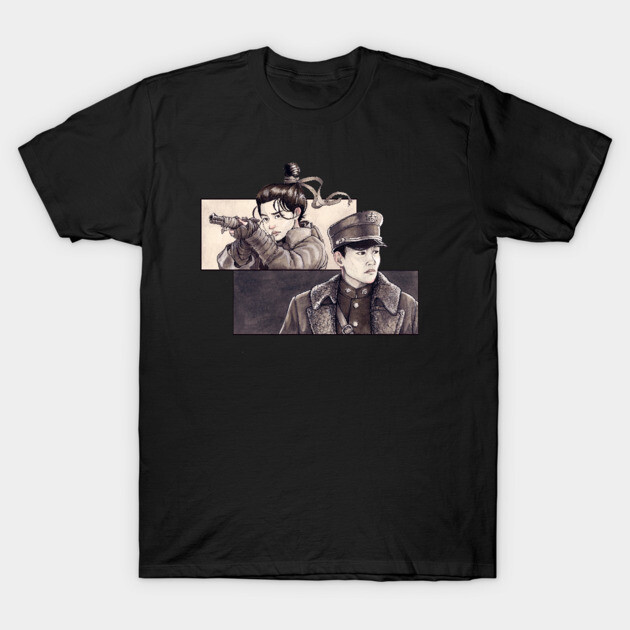 Black t-shirt featuring illustrated anime characters, casual style, perfect for fans, soft cotton material.