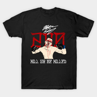 Black graphic t-shirt featuring bold red and white text with an illustration of a fighter, suitable for casual wear.