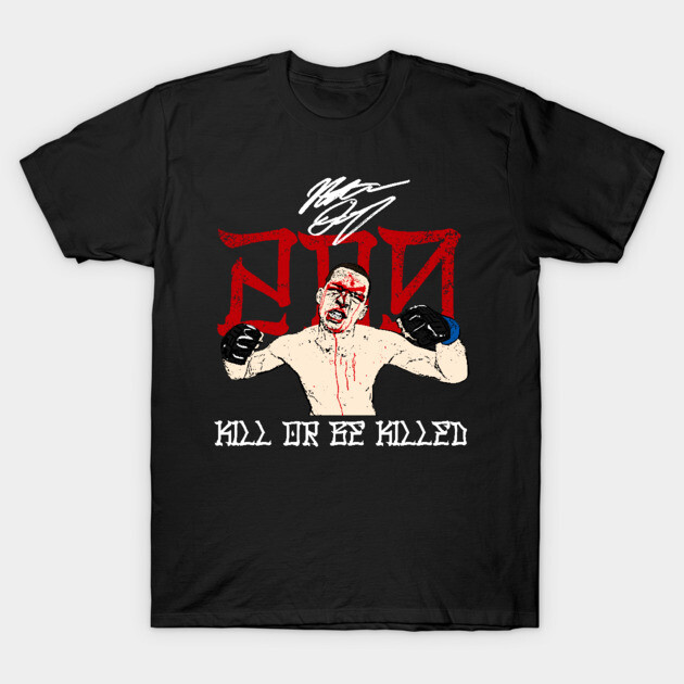 Black graphic t-shirt featuring bold red and white text with an illustration of a fighter, suitable for casual wear.
