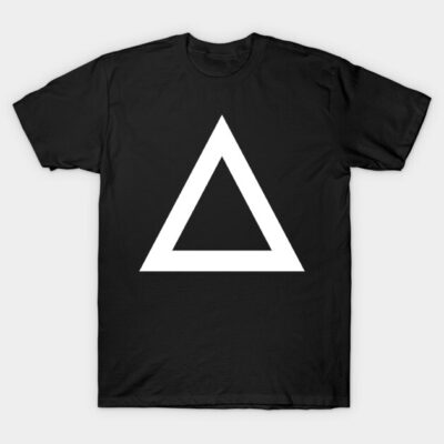 Black cotton t-shirt with white triangle print, minimalist design, casual wear, unisex, comfortable fabric.