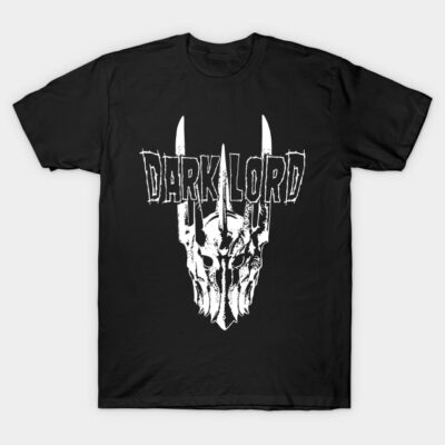 "Black graphic t-shirt with bold 'Dark Lord' text and horned helmet design, perfect for casual wear or fans of fantasy."