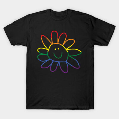 Black t-shirt with colorful rainbow flower design, casual style, cotton material, unisex, perfect for everyday wear.