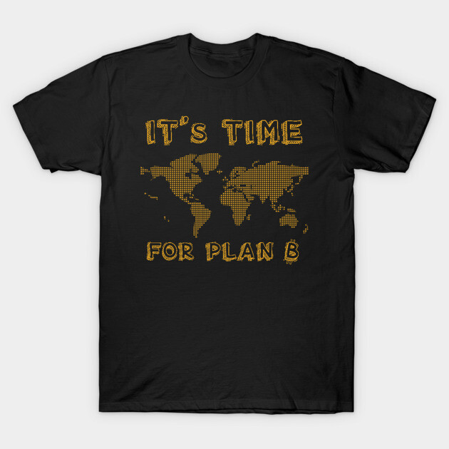 Black T-shirt with "It's Time for Plan B" text and world map design in gold, casual cotton tee for everyday wear.