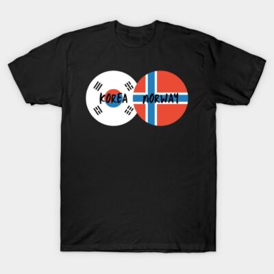 Black t-shirt with Korea and Norway flag design, casual style, 100% cotton, perfect for everyday wear.