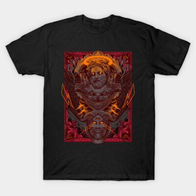 Black t-shirt with intricate red and orange graphic design, featuring mystical symbols, perfect for casual wear.