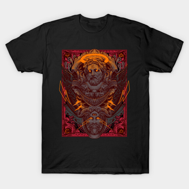 Black t-shirt with intricate red and orange graphic design, featuring mystical symbols, perfect for casual wear.