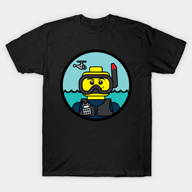 Black t-shirt featuring a colorful scuba diver graphic with snorkel and helicopter design, ideal for casual wear.