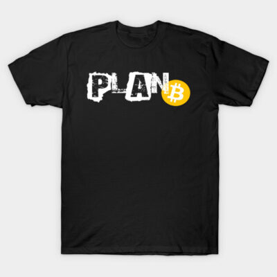 Black t-shirt with "Plan B" design featuring a Bitcoin logo, ideal for casual wear and crypto enthusiasts.