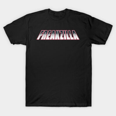 Black cotton t-shirt with "Freakzilla" graphic text in white and red, casual style for everyday wear.