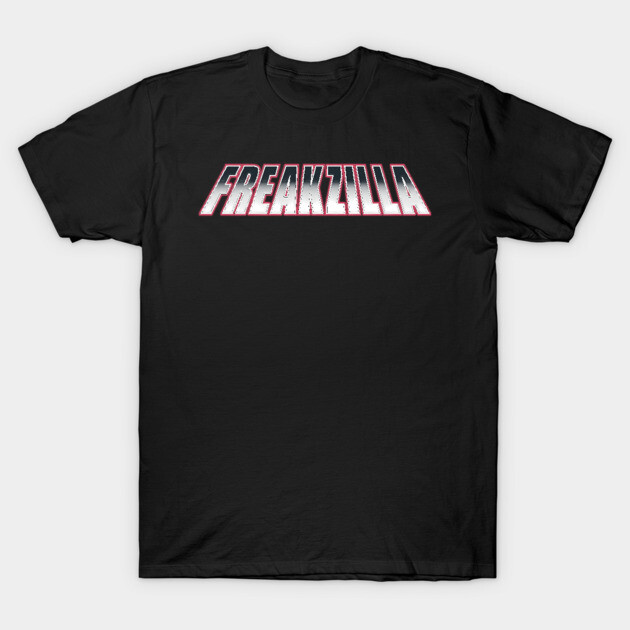 Black cotton t-shirt with "Freakzilla" graphic text in white and red, casual style for everyday wear.