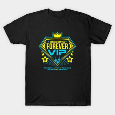 Black graphic t-shirt with vibrant blue and yellow "Forever VIP" design, ideal for casual wear and fandom support.