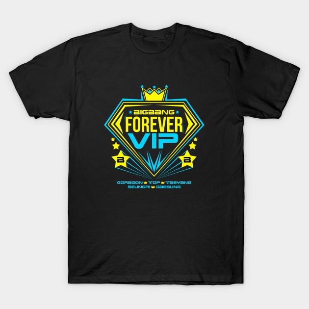 Black graphic t-shirt with vibrant blue and yellow "Forever VIP" design, ideal for casual wear and fandom support.