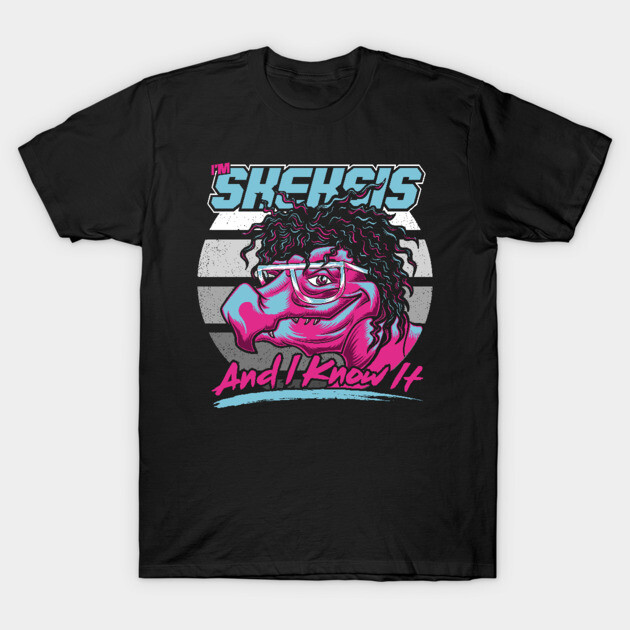 Black t-shirt with retro pink and blue graphic design featuring a humorous character and bold text.