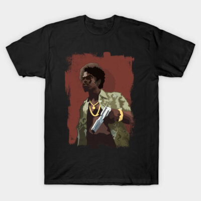 Black graphic T-shirt featuring bold artwork of a person with a retro style. Casual cotton tee for everyday wear.