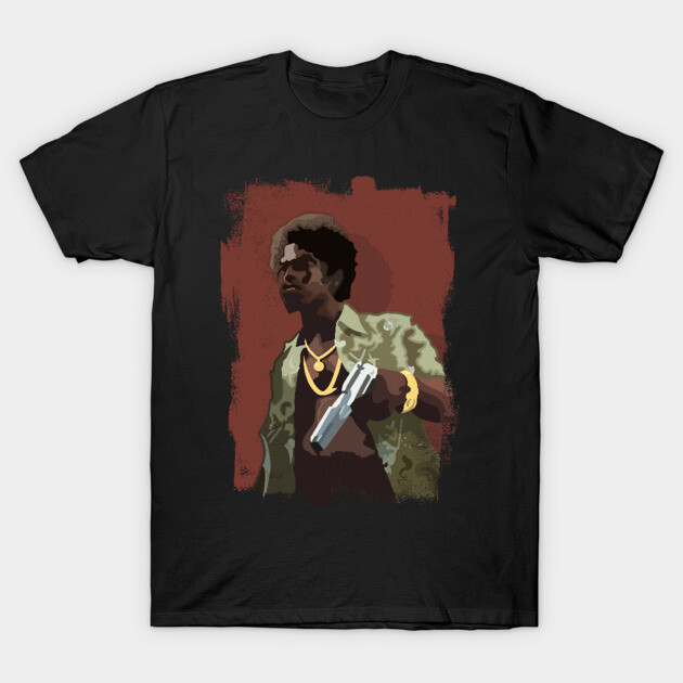 Black graphic T-shirt featuring bold artwork of a person with a retro style. Casual cotton tee for everyday wear.