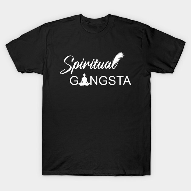 Black "Spiritual Gangsta" T-shirt, casual style, cotton material, featuring white text and meditation graphic.