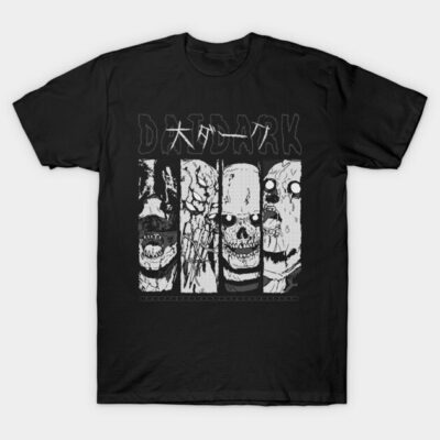 Black graphic t-shirt featuring horror-themed skull design, ideal for casual wear; 100% cotton.