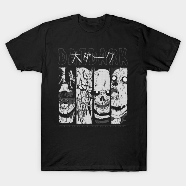 Black graphic t-shirt featuring horror-themed skull design, ideal for casual wear; 100% cotton.