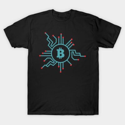 Black Bitcoin circuit graphic t-shirt, unisex style, cotton material, casual wear.