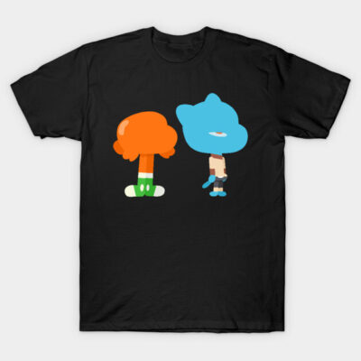 Black cotton t-shirt with colorful abstract cartoon characters, casual wear for everyday comfort.