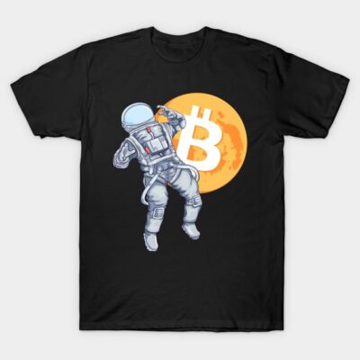 Black t-shirt featuring astronaut and Bitcoin logo design, ideal for cryptocurrency enthusiasts, casual wear.