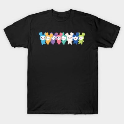 Black t-shirt with colorful cartoon character design, casual style, made of 100% cotton for everyday wear.