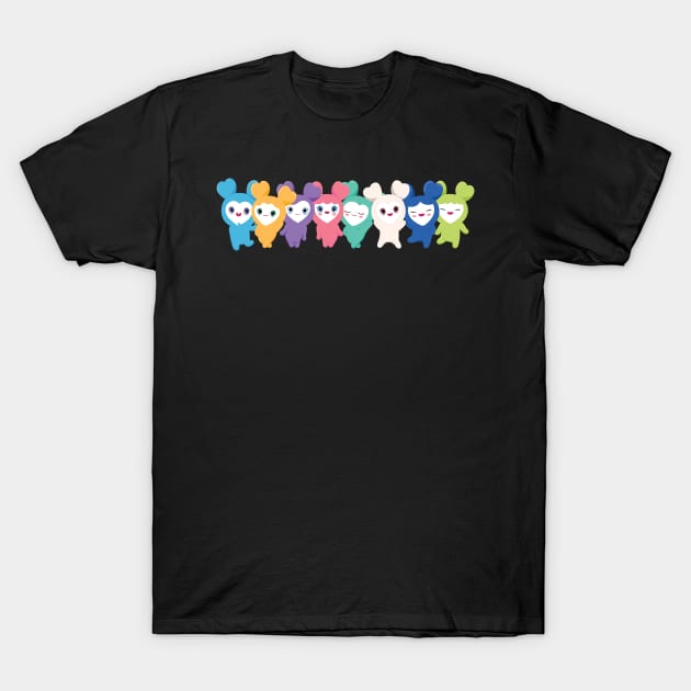 Black t-shirt with colorful cartoon character design, casual style, made of 100% cotton for everyday wear.