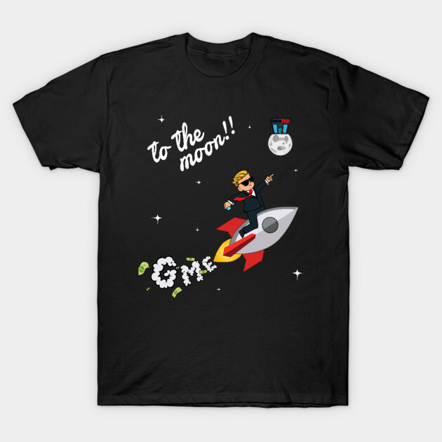 Black t-shirt with "To The Moon" graphic, cartoon rocket design, casual style, cotton material, unisex fit.