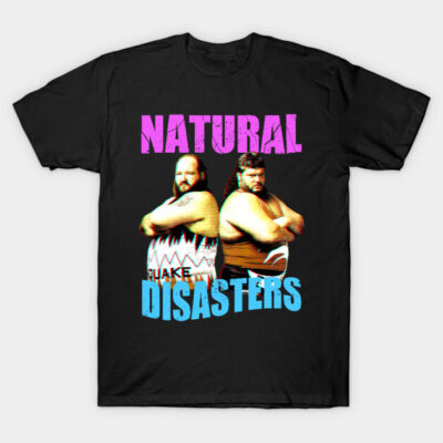 Black t-shirt with "Natural Disasters" graphic in pink and blue, featuring two figures in wrestling attire.