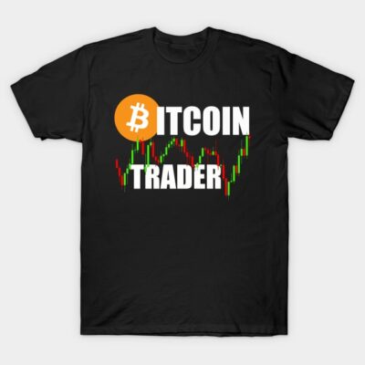 Black Bitcoin Trader T-shirt with cryptocurrency design and stock chart graphic, perfect for casual wear.