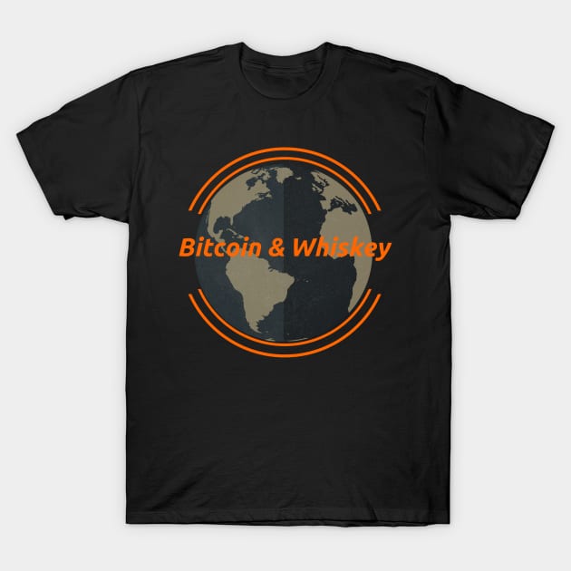 Black t-shirt with "Bitcoin & Whiskey" text and earth graphic, casual style, perfect for cryptocurrency enthusiasts.