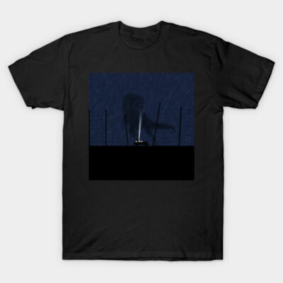 Black t-shirt with a dinosaur silhouette and car scene in the rain, perfect for casual wear and novelty lovers.