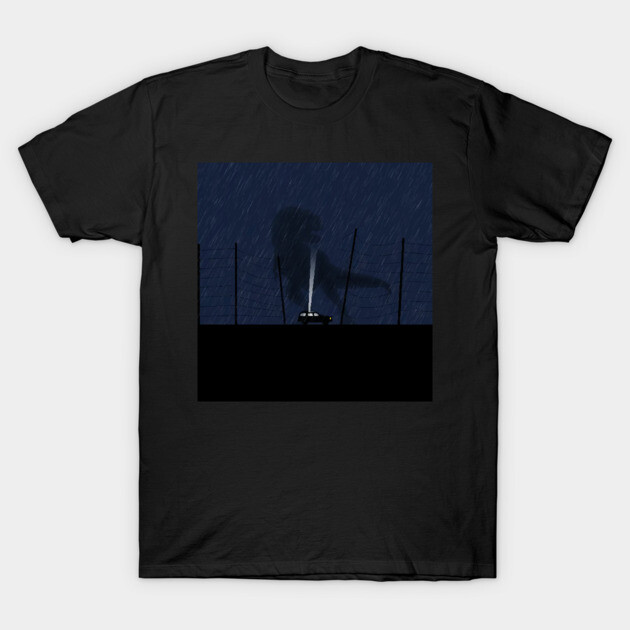Black t-shirt with a dinosaur silhouette and car scene in the rain, perfect for casual wear and novelty lovers.