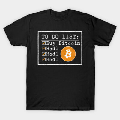 Black cotton t-shirt with Bitcoin-themed graphic and checklist design, casual wear, unisex style.